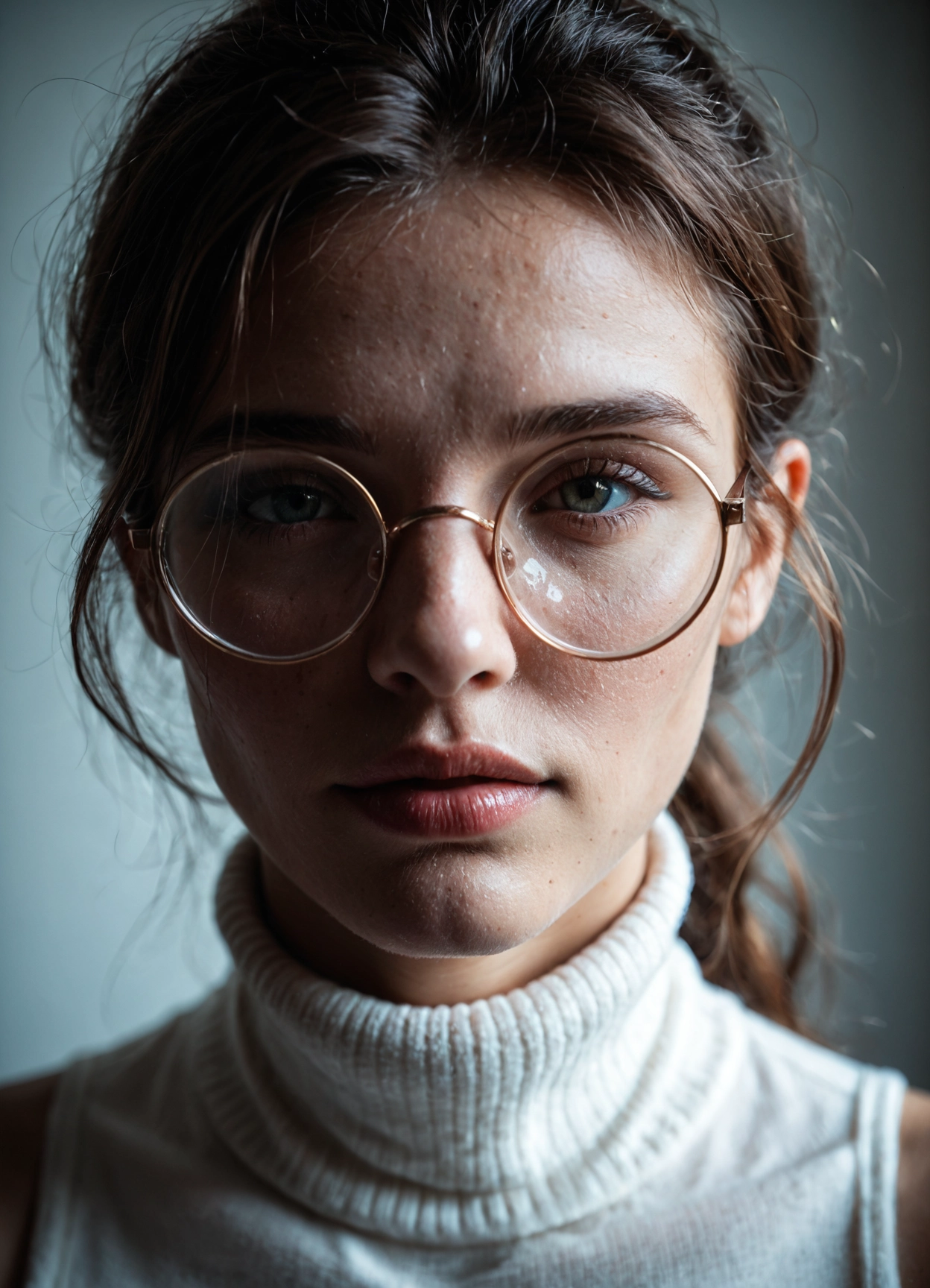 1girl, solo, realistic, glasses, turtleneck, looking at viewer · Yamete.gg
