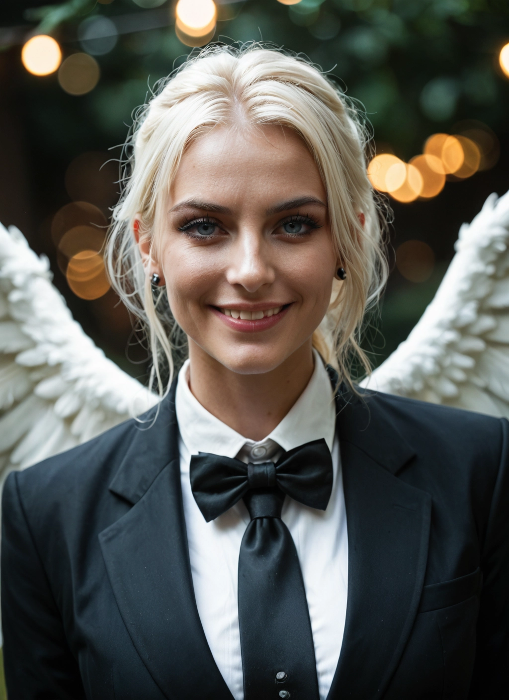 wings, solo, jewelry, bow, necktie, earrings · Yamete.gg
