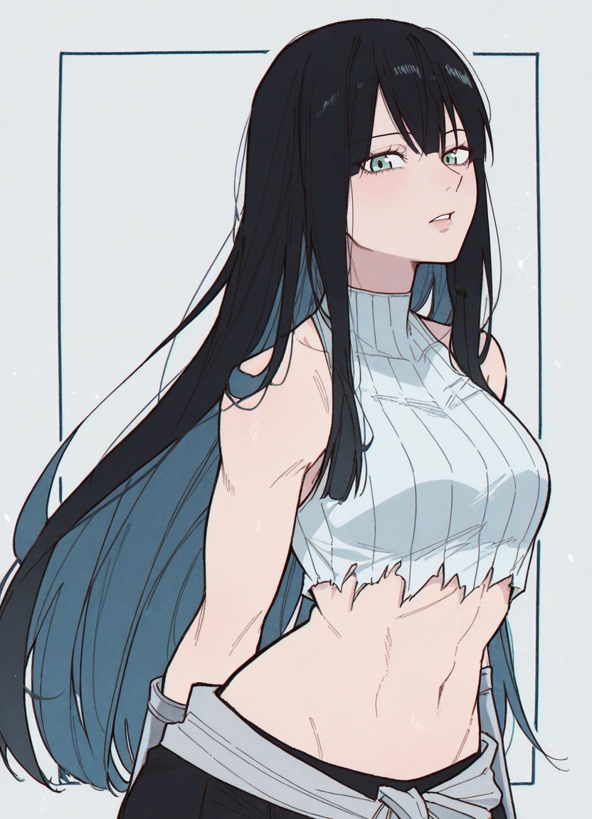 1girl, black hair, solo, long hair, navel, midriff
