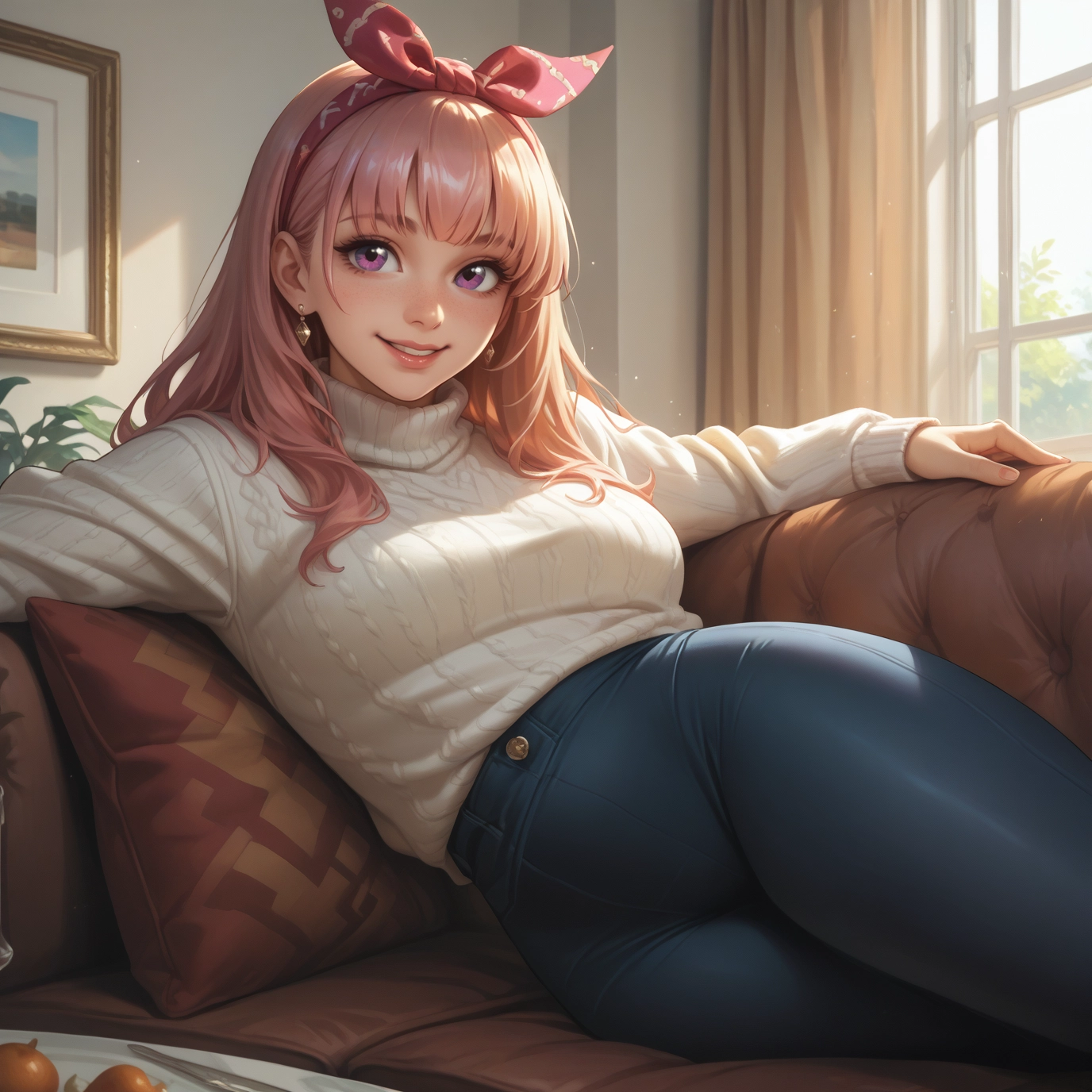 1girl, solo, sweater, pants, jewelry, smile · Yamete.gg