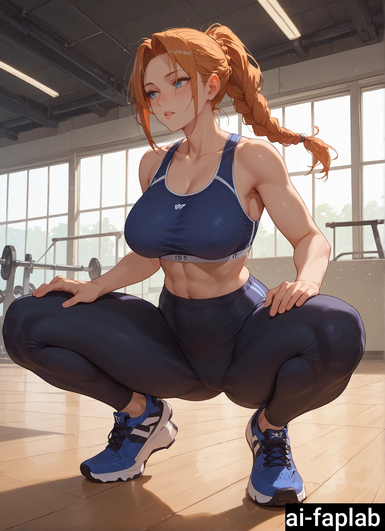 1girl, breasts, solo, squatting, braid, large breasts