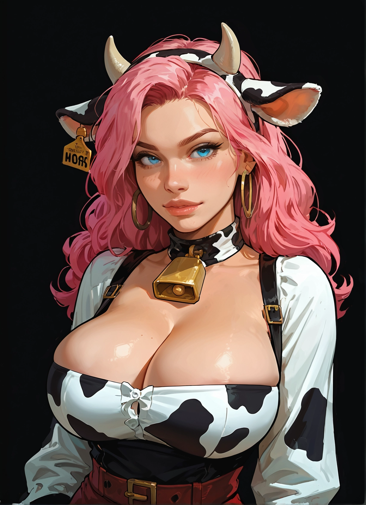 1girl, breasts, animal ears, pink hair, animal print, cow print · Yamete.gg