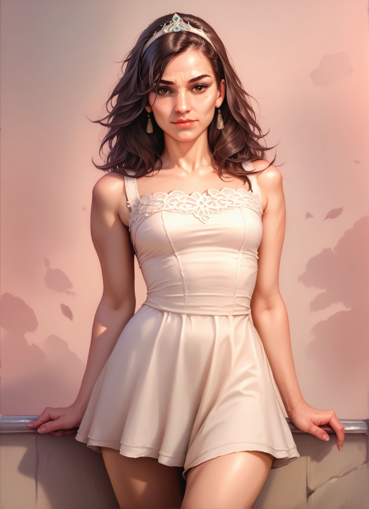 1girl, solo, dress, brown hair, jewelry, earrings · Yamete.gg