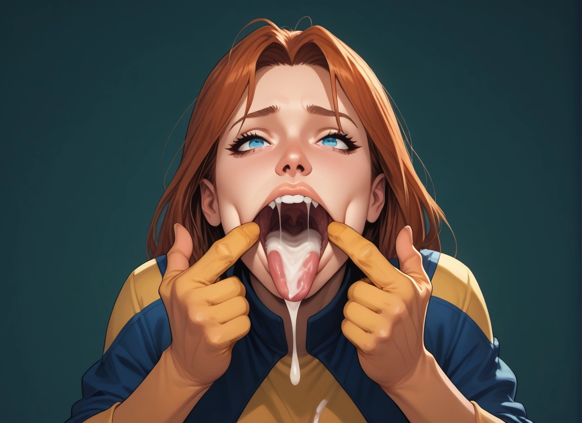 1girl, blue eyes, cum, tongue, cum in mouth, tongue out · Yamete.gg