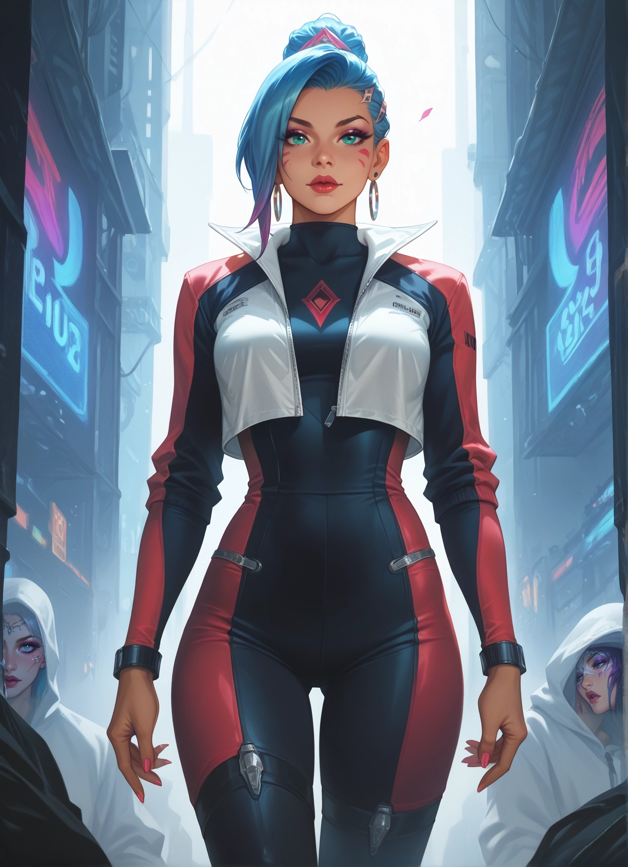 multiple girls, jewelry, earrings, bodysuit, hood, 3girls · Yamete.gg