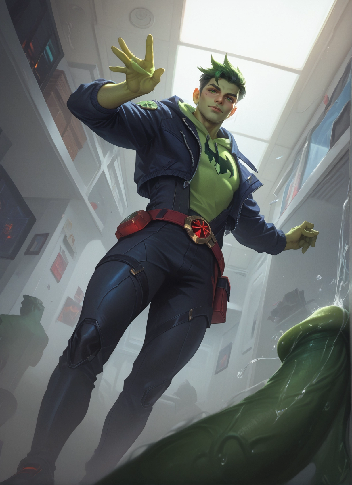 yaoi, bara, jacket, penis, green hair, erection · Yamete.gg