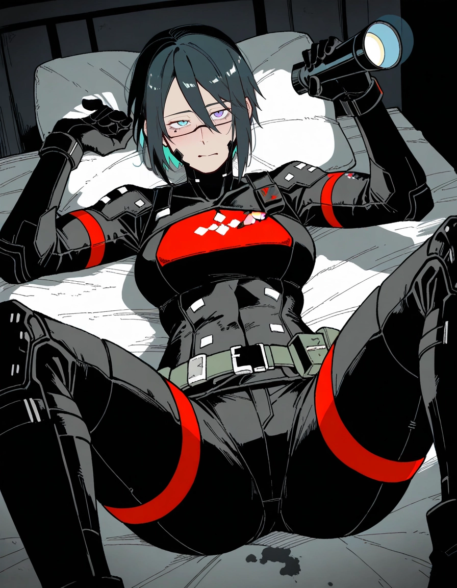 1girl, heterochromia, lying, mole, on back, solo · Yamete.gg