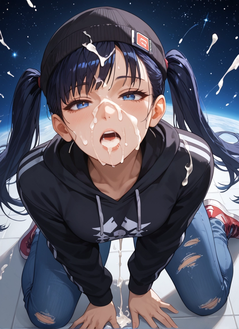 1girl, solo, hat, facial, cum, twintails · Yamete.gg