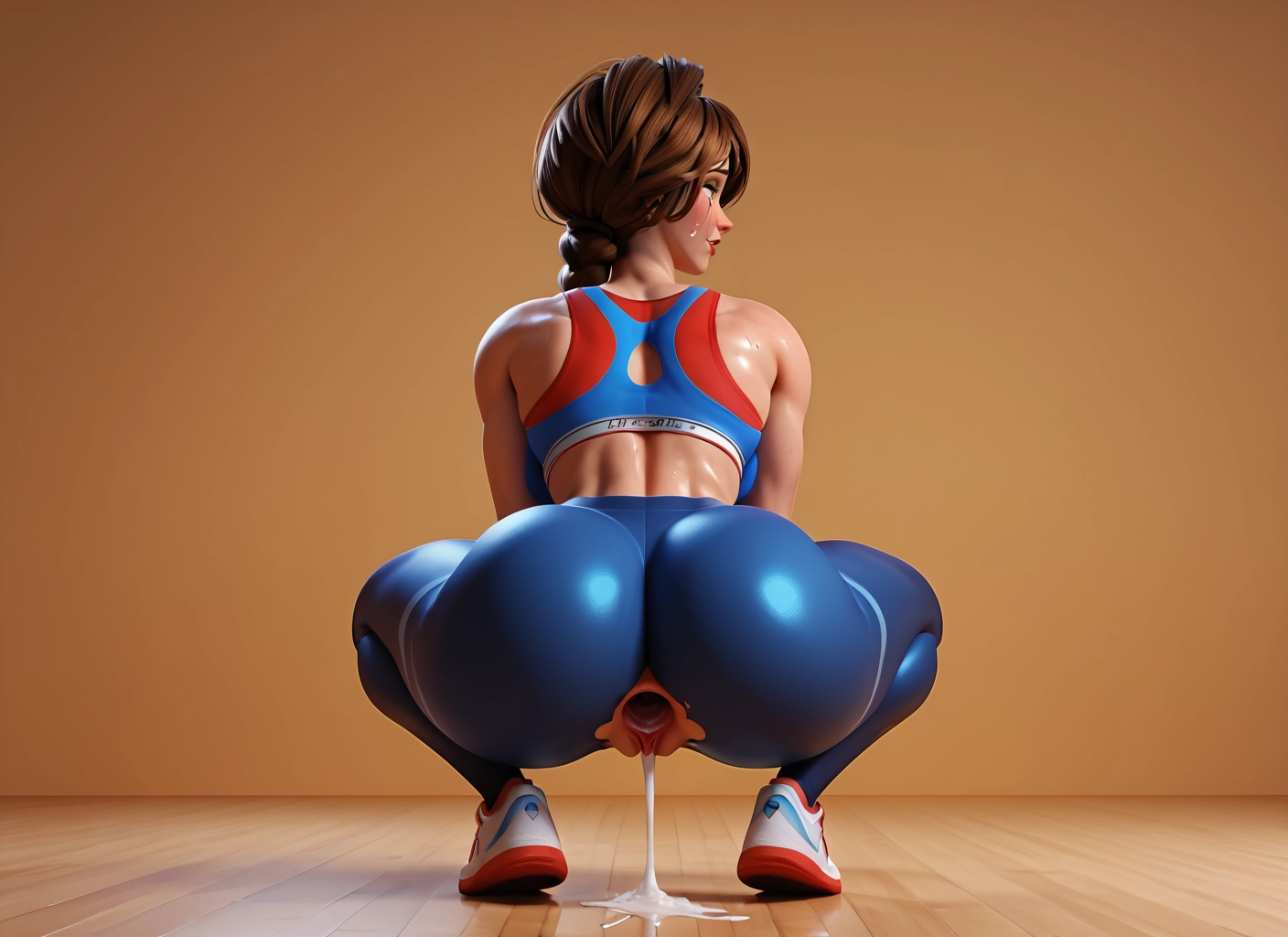 1girl, ass, solo, squatting, cum, brown hair · Yamete.gg