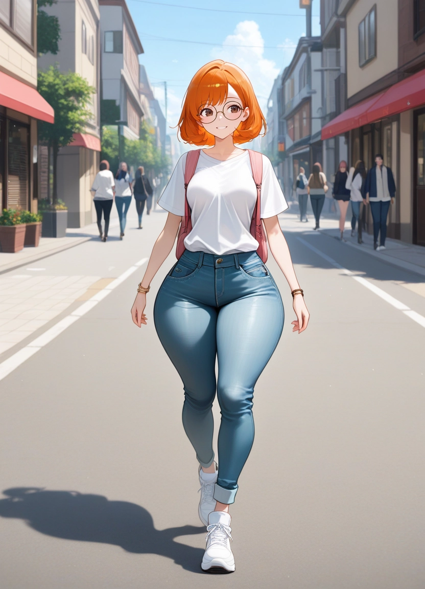 orange hair, pants, denim, outdoors, smile, jeans