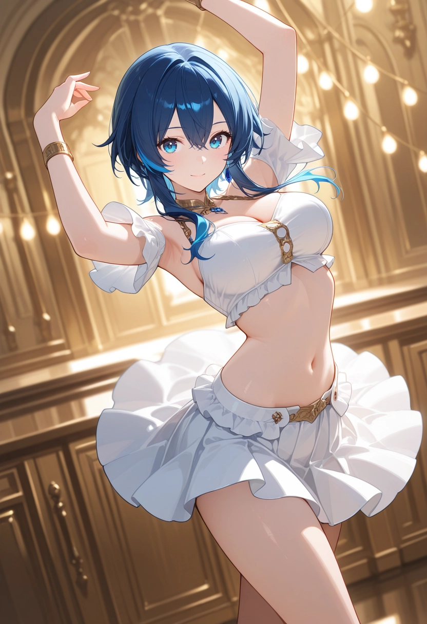 1girl, solo, arms up, breasts, skirt, smile · Yamete.gg