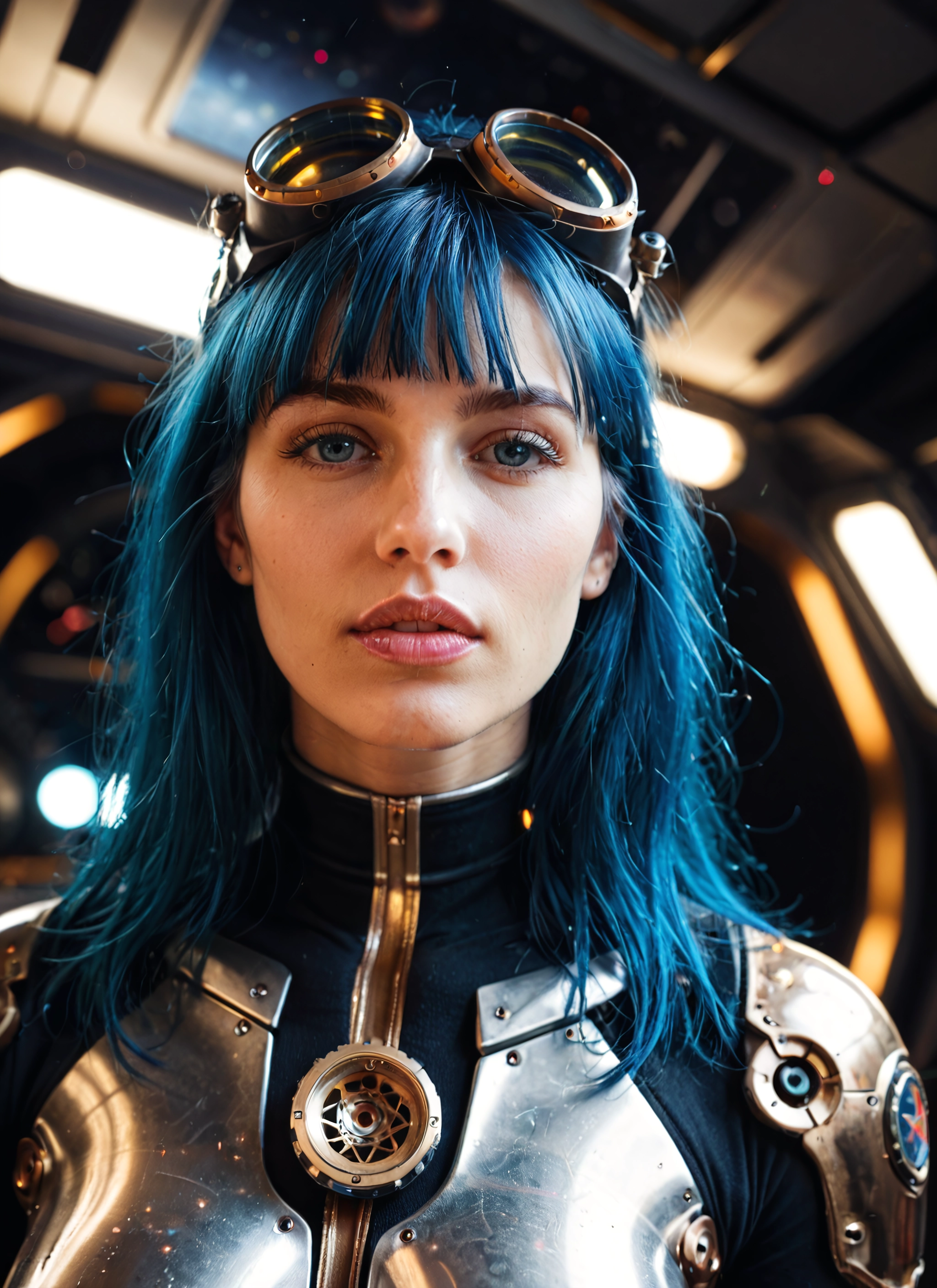 1girl, solo, goggles, goggles on head, blue hair, realistic · Yamete.gg