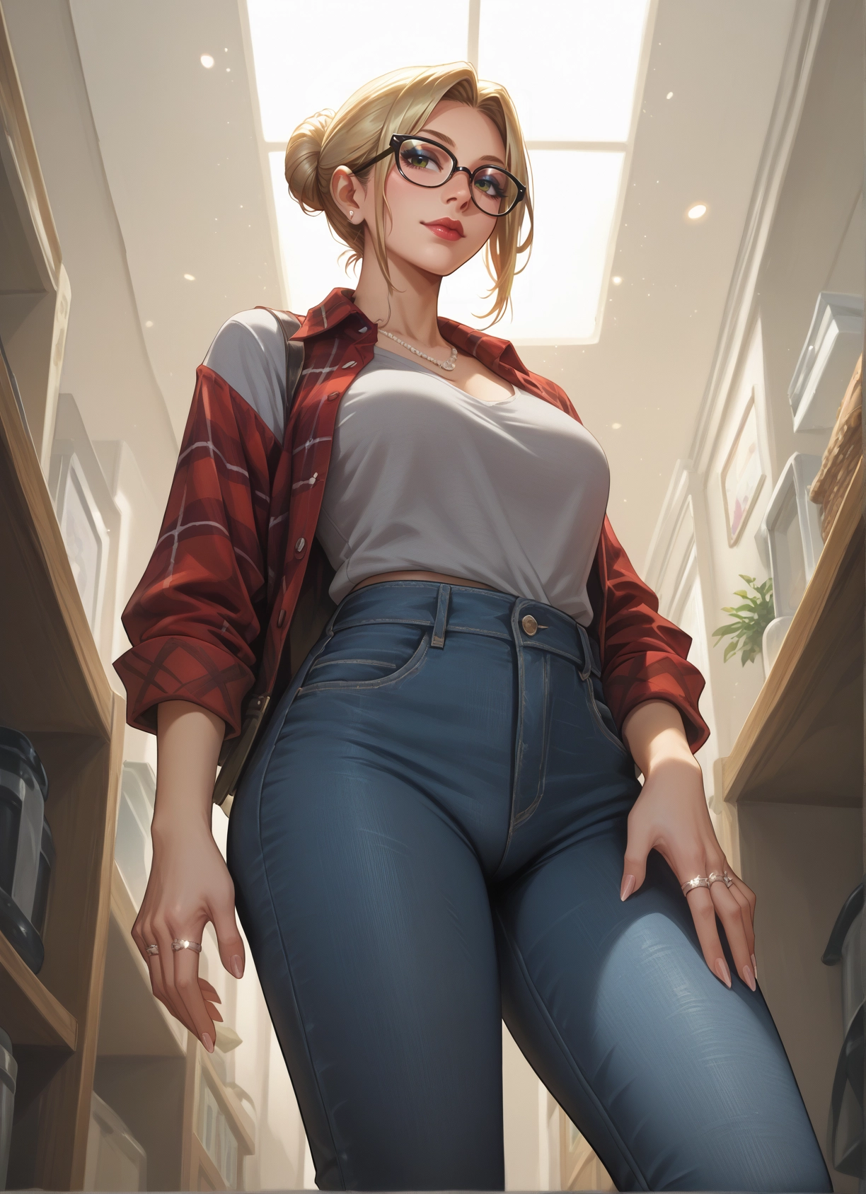 1girl, jewelry, glasses, pants, ring, blonde hair · Yamete.gg