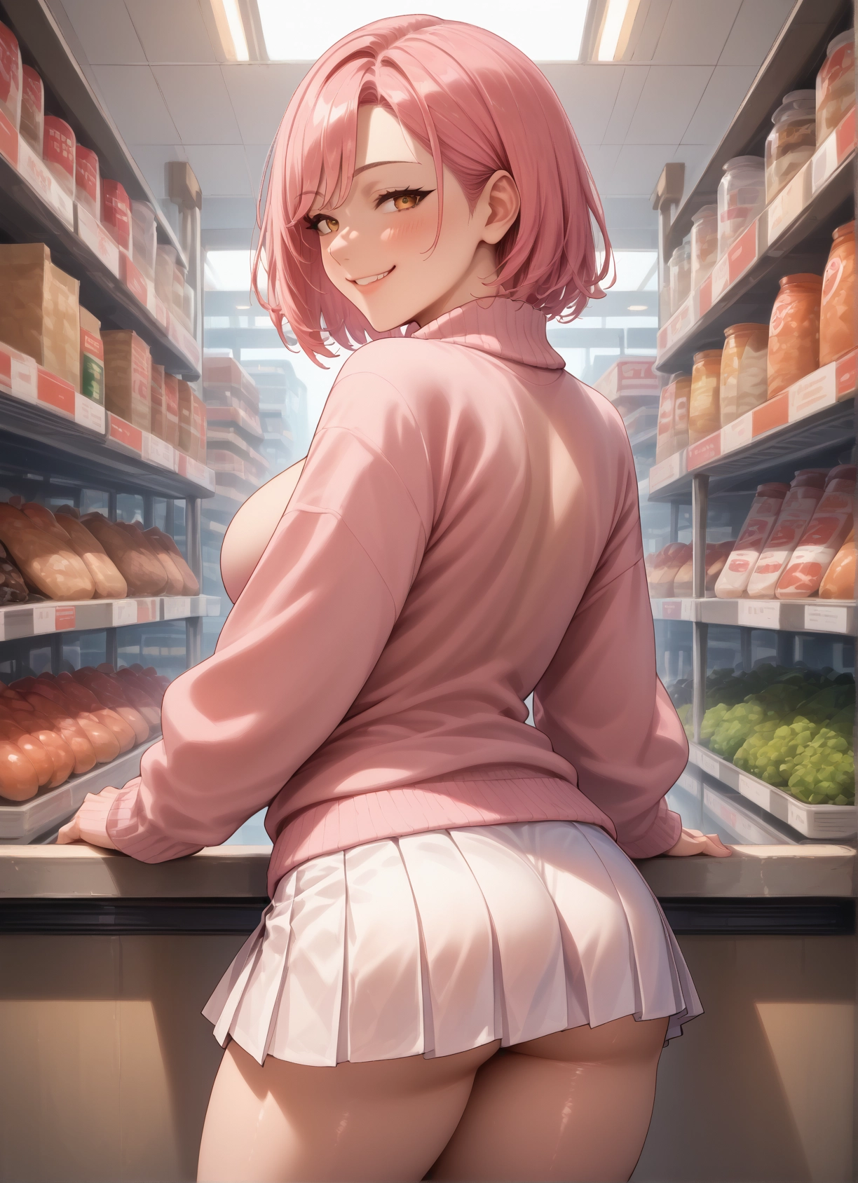 1girl, ass, skirt, pink hair, breasts, smile · Yamete.gg