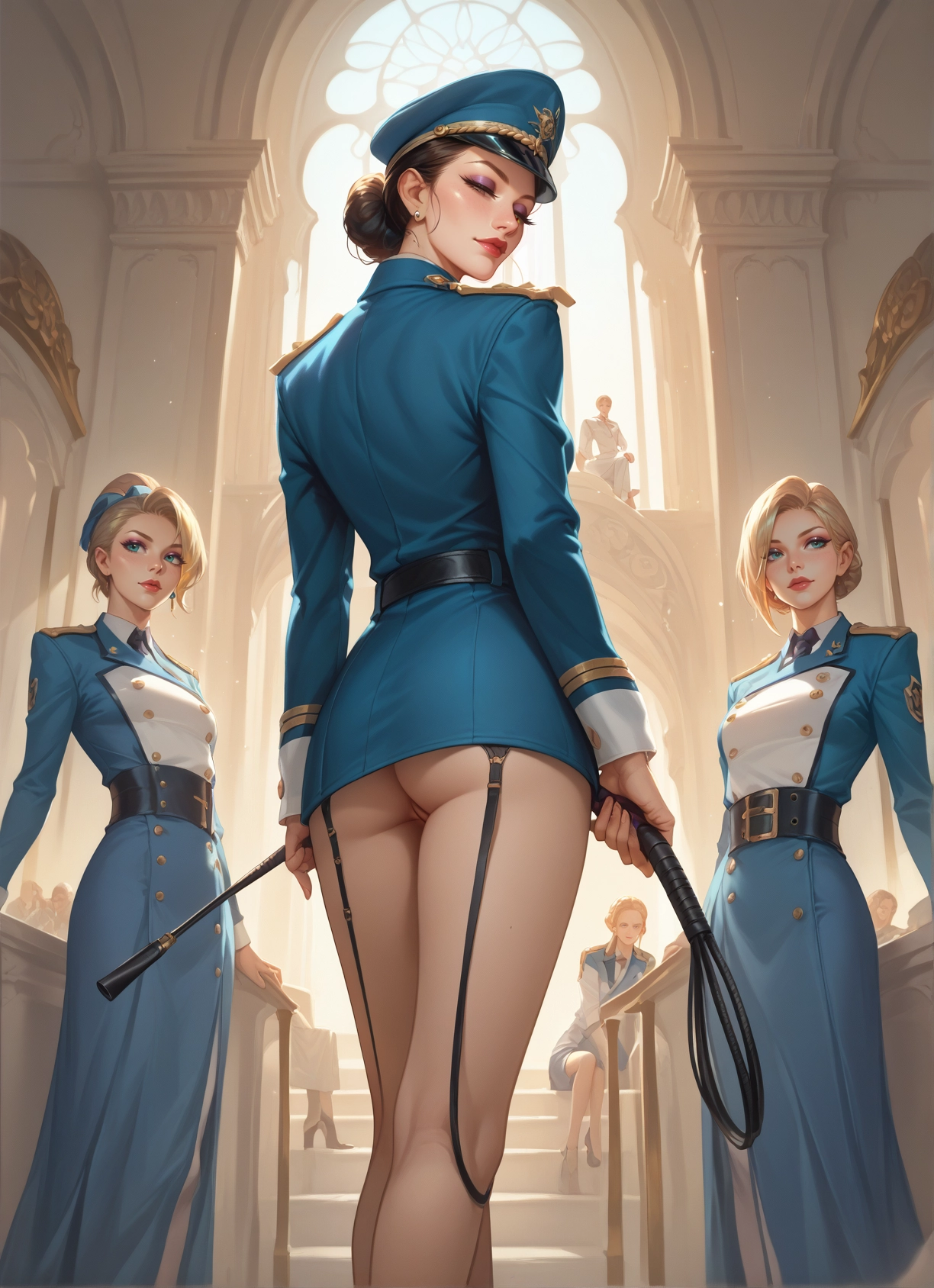 multiple girls, ass, blonde hair, uniform, whip, blue eyes · Yamete.gg