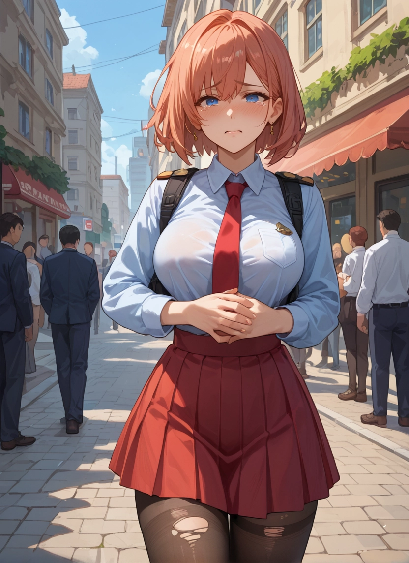 pantyhose, skirt, blue eyes, torn clothes, breasts, torn legwear · Yamete.gg