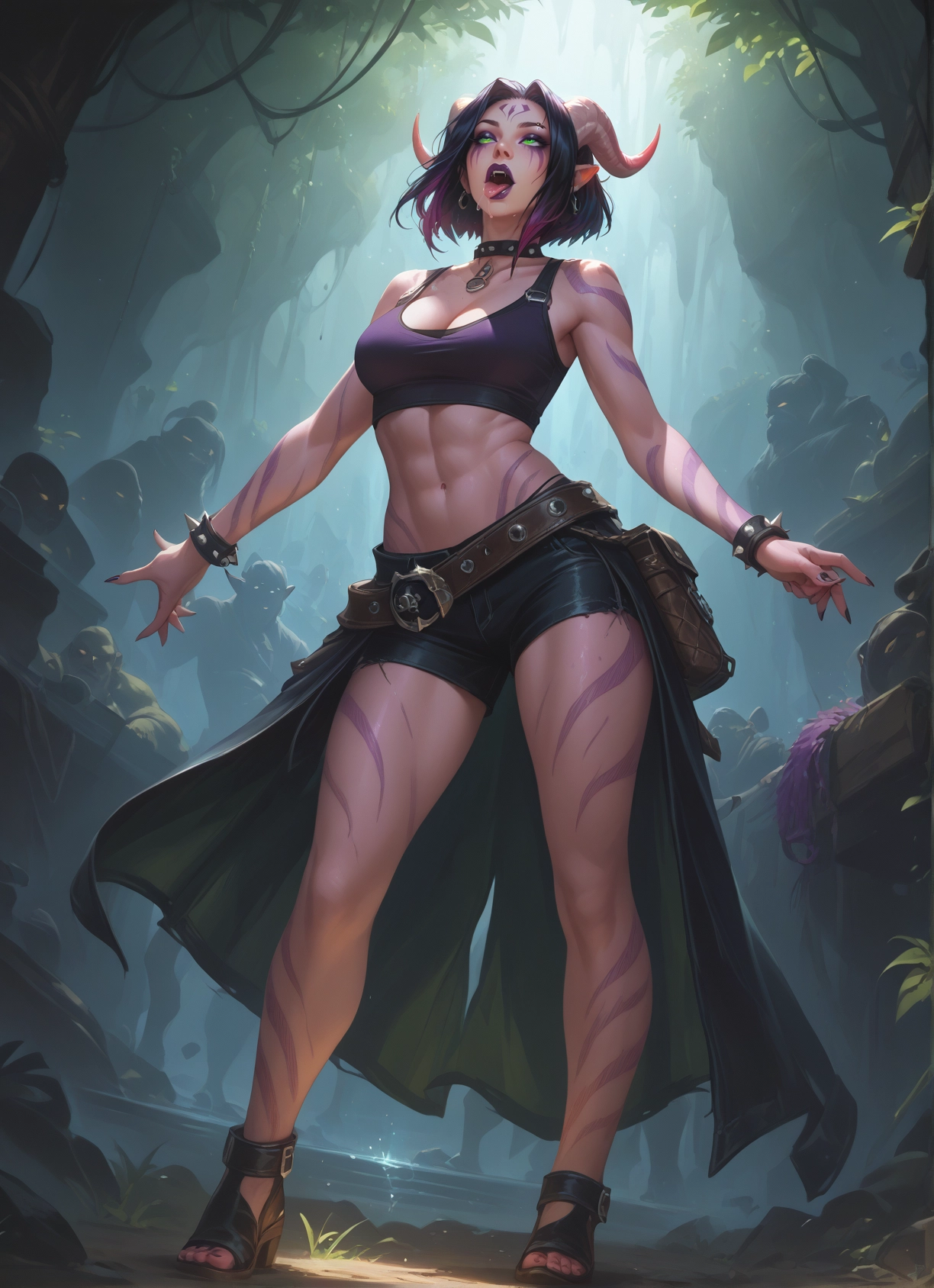 horns, 1girl, jewelry, breasts, shorts, bracelet · Yamete.gg