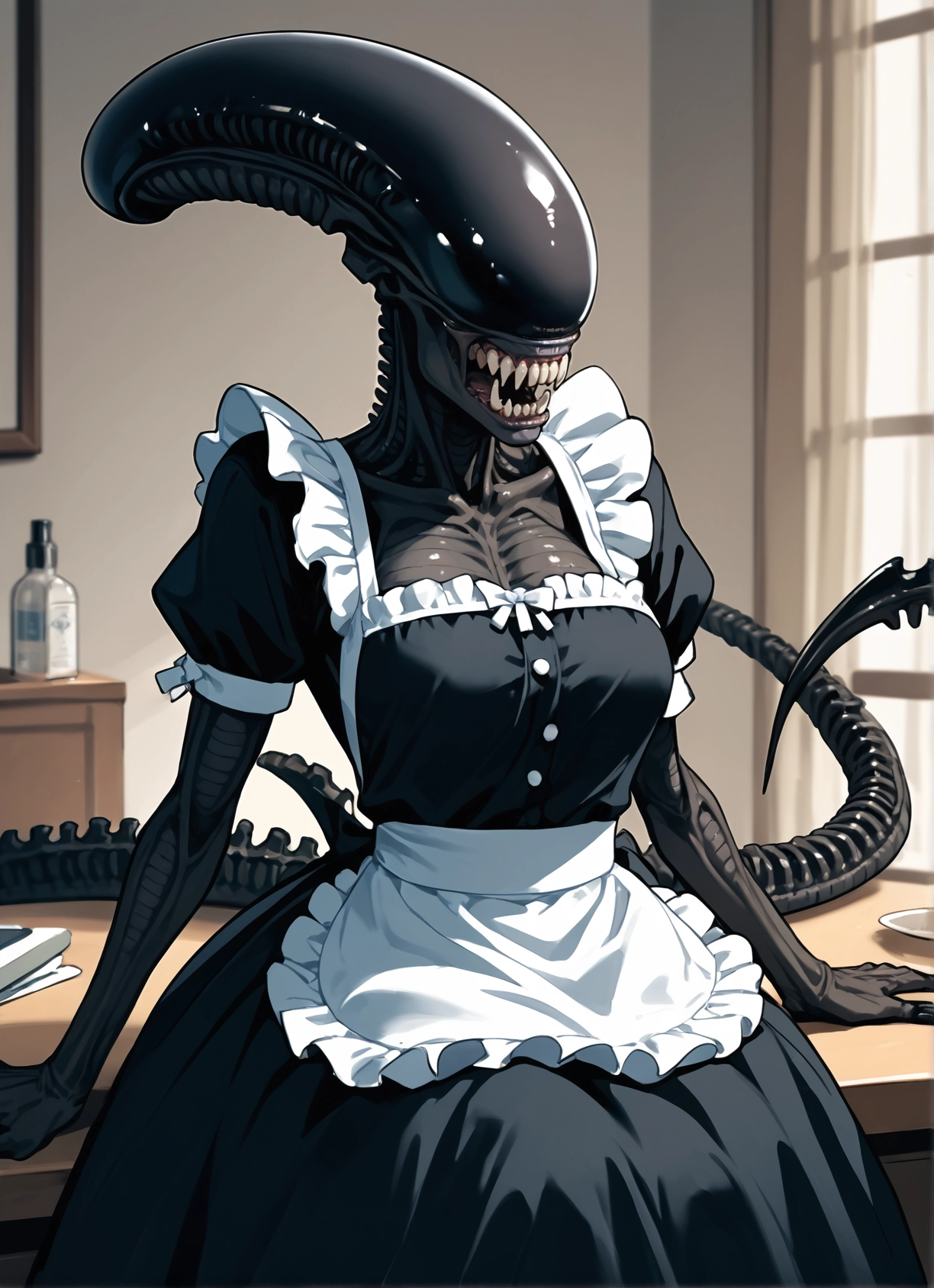 1girl, maid, apron, breasts, teeth, solo · Yamete.gg