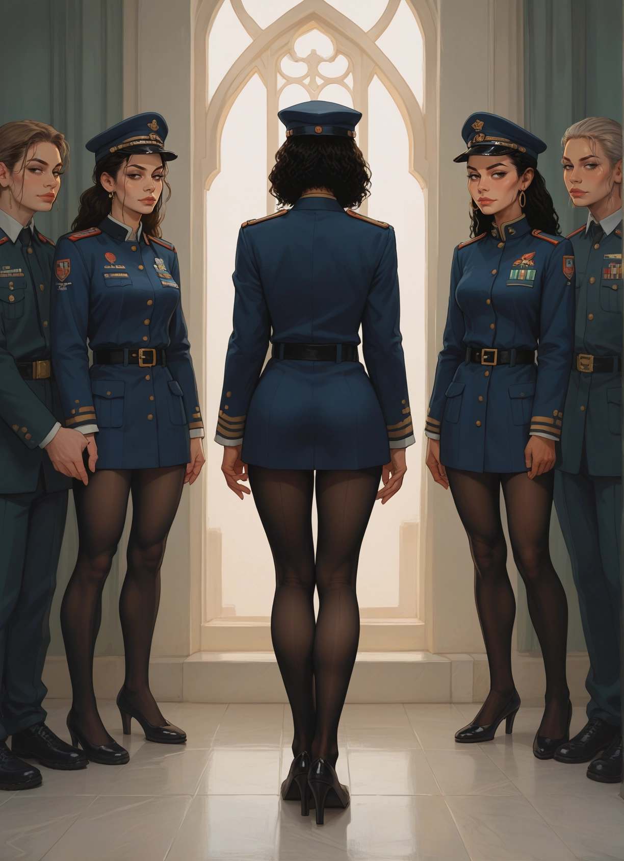 pantyhose, multiple girls, uniform, high heels, jewelry, hat · Yamete.gg