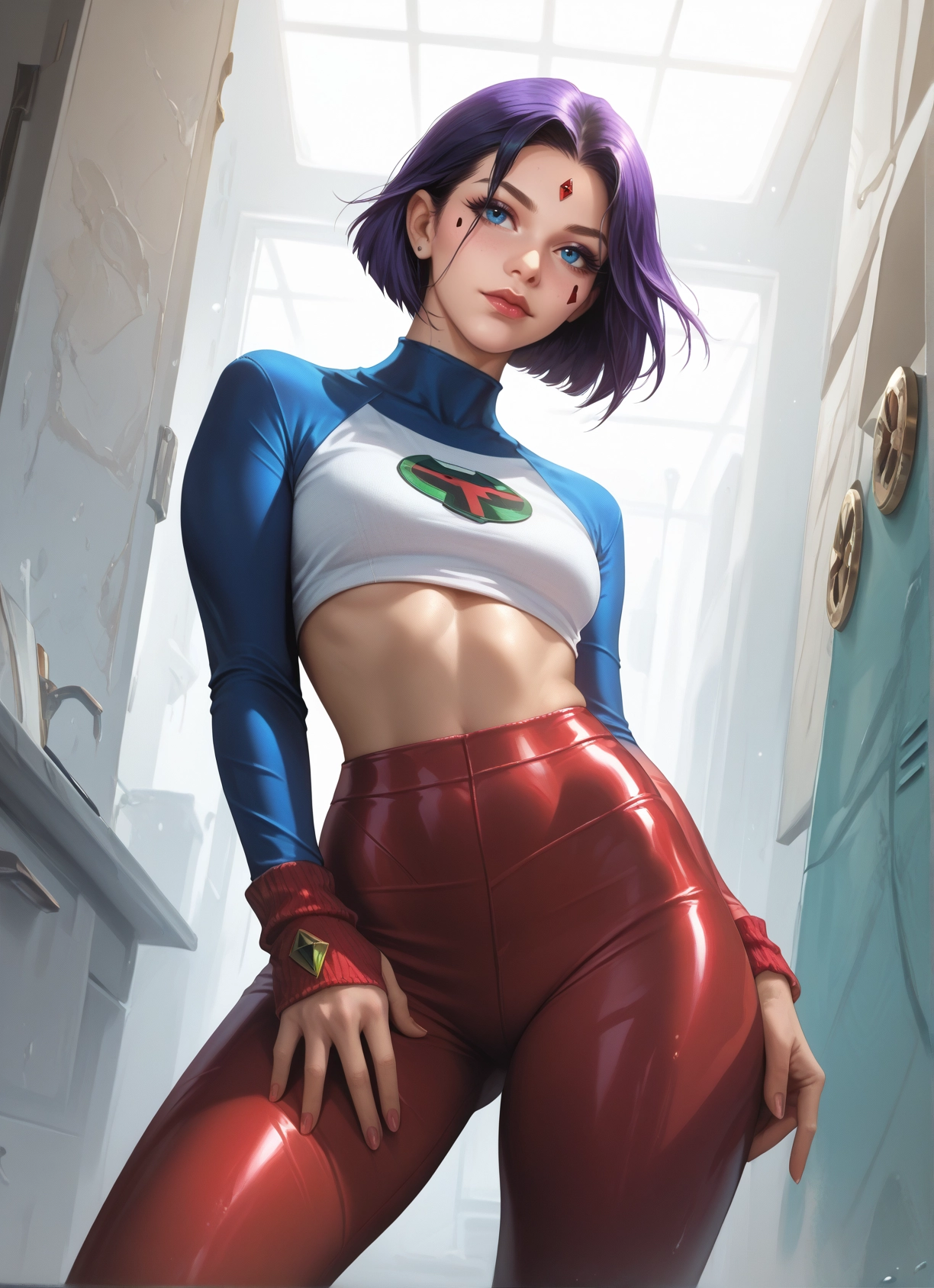 1girl, blue eyes, solo, short hair, purple hair, forehead jewel · Yamete.gg