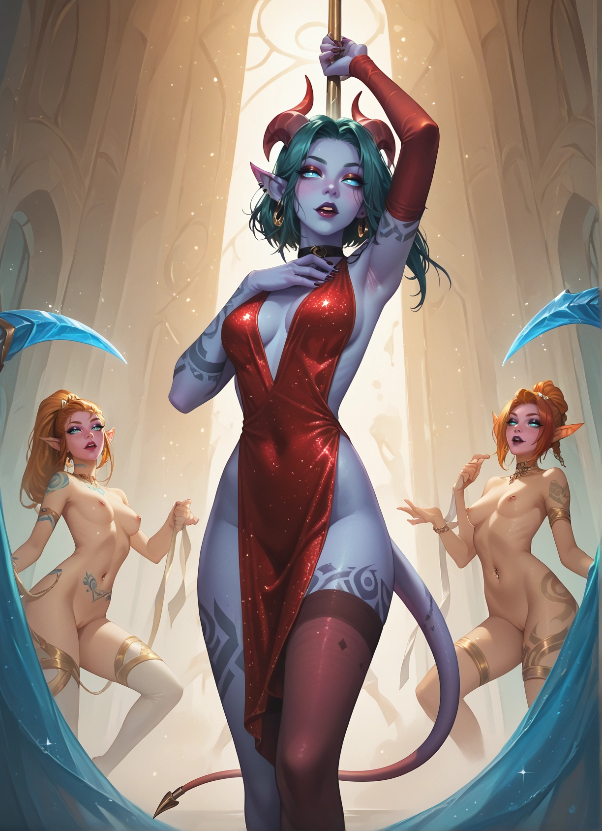 breasts, multiple girls, nipples, horns, tail, colored skin · Yamete.gg