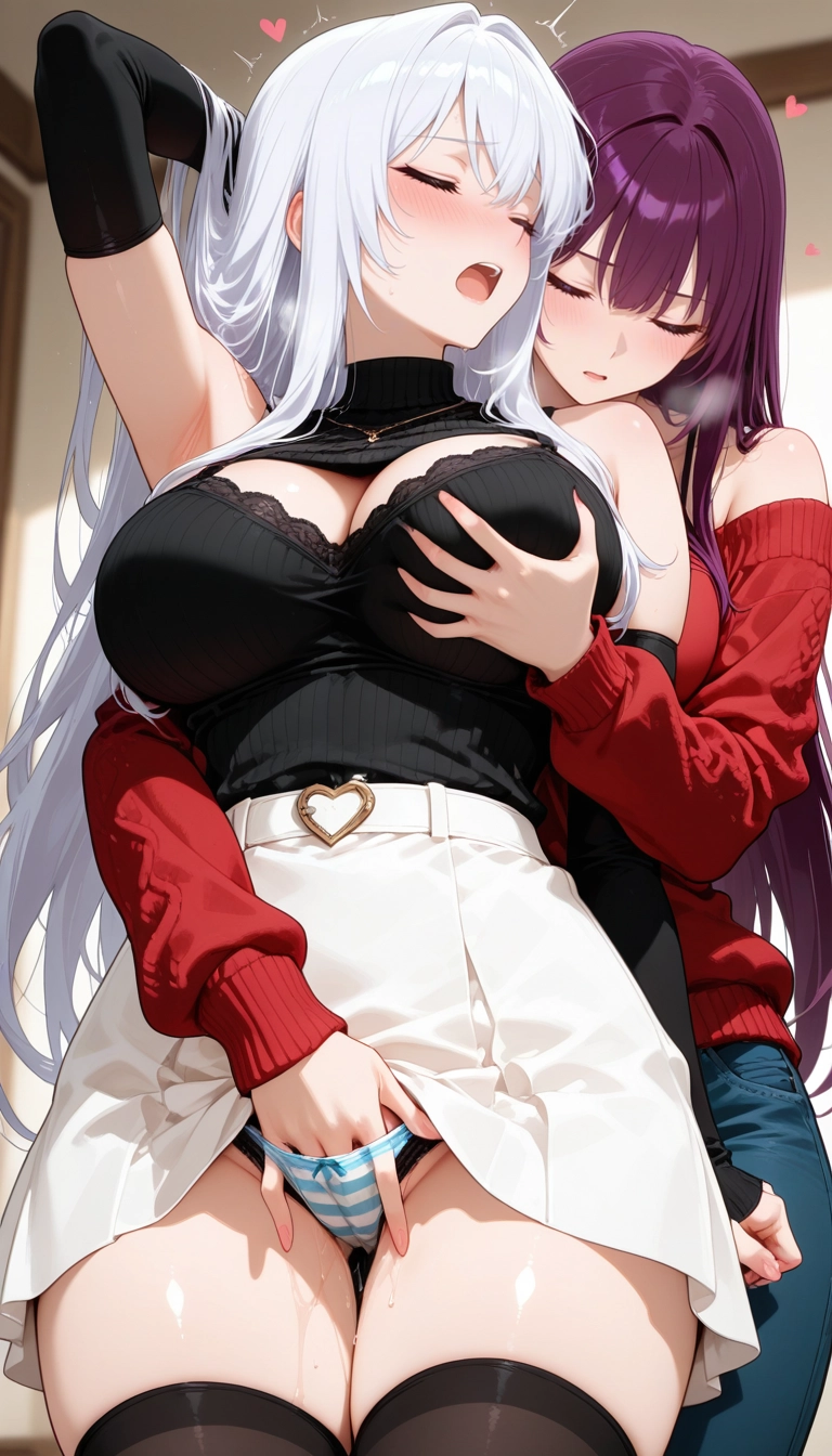 breasts, multiple girls, 2girls, grabbing, underwear, closed eyes · Yamete.gg