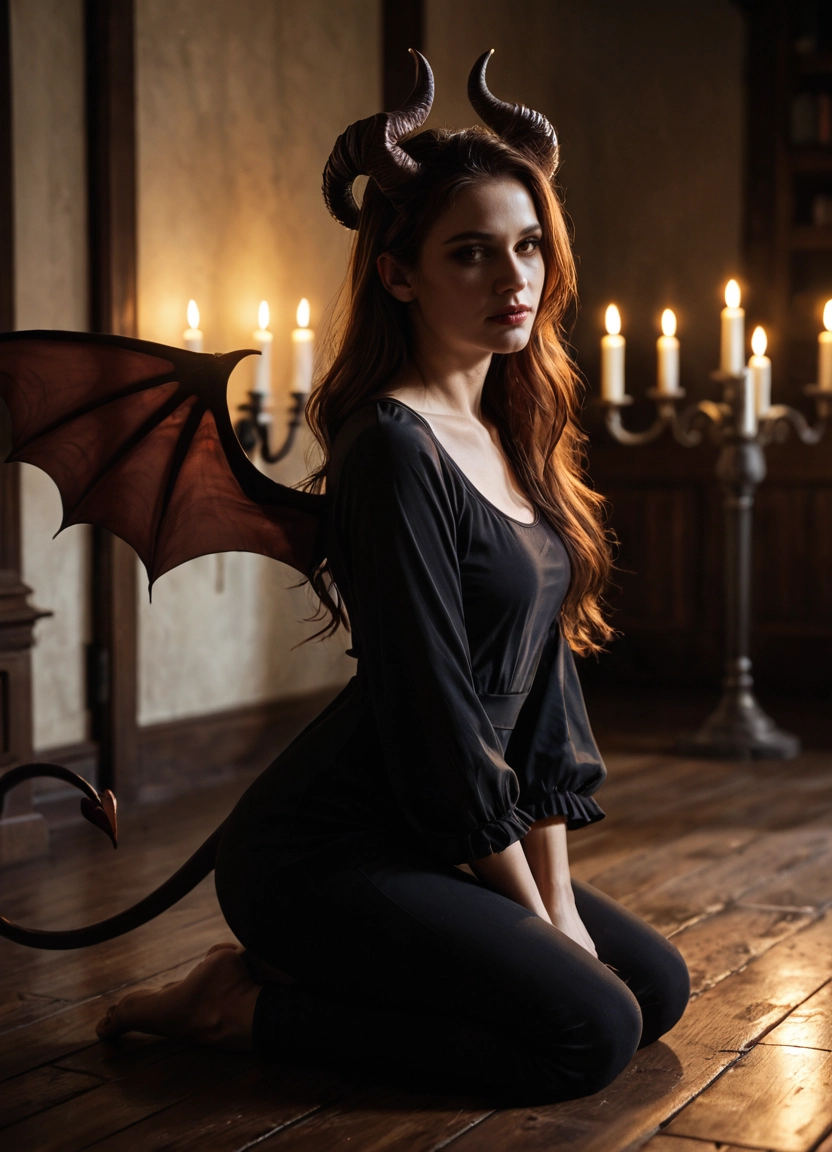 1girl, solo, horns, wings, tail, long hair · Yamete.gg