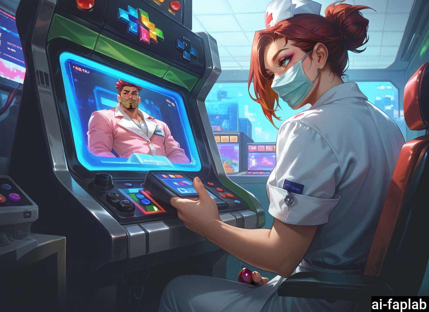 mouth mask, nurse, 1boy, mask, monitor, 1girl · Yamete.gg