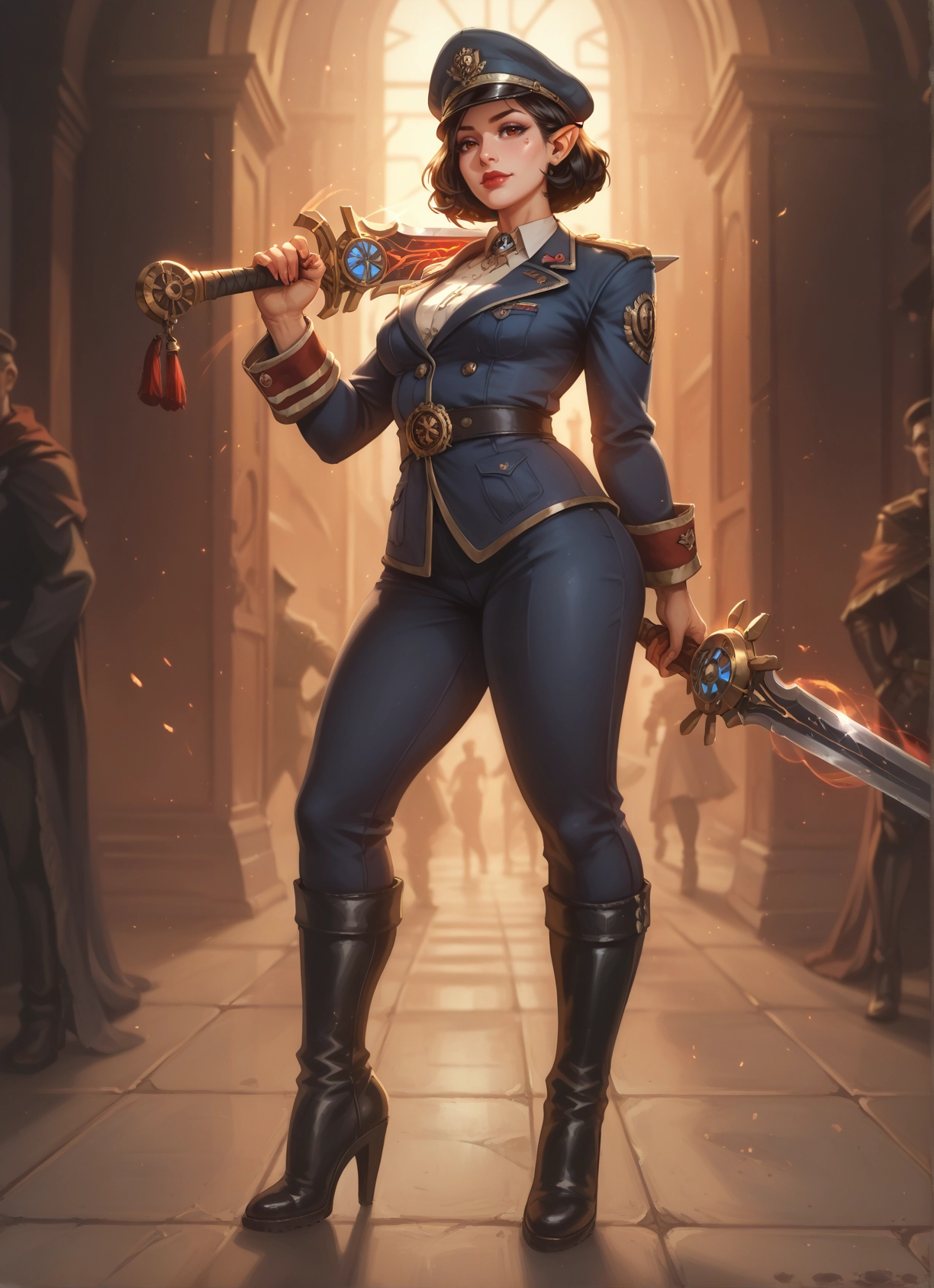 weapon, sword, boots, hat, uniform, 1girl · Yamete.gg