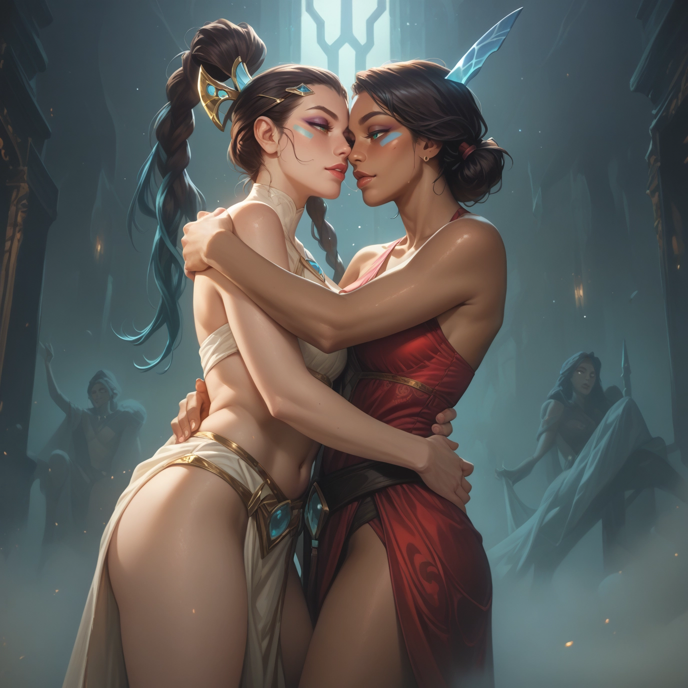 multiple girls, dark skin, dark-skinned female, navel, yuri, hair ornament · Yamete.gg