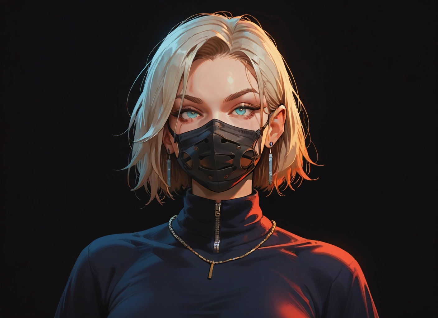 1girl, jewelry, solo, earrings, mask, necklace