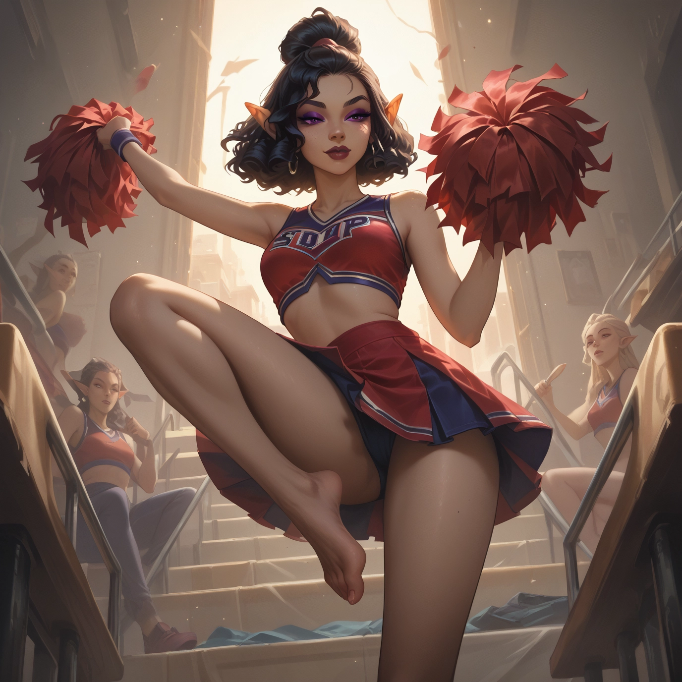 cheerleader, multiple girls, pom pom (cheerleading), pointy ears, underwear, skirt · Yamete.gg