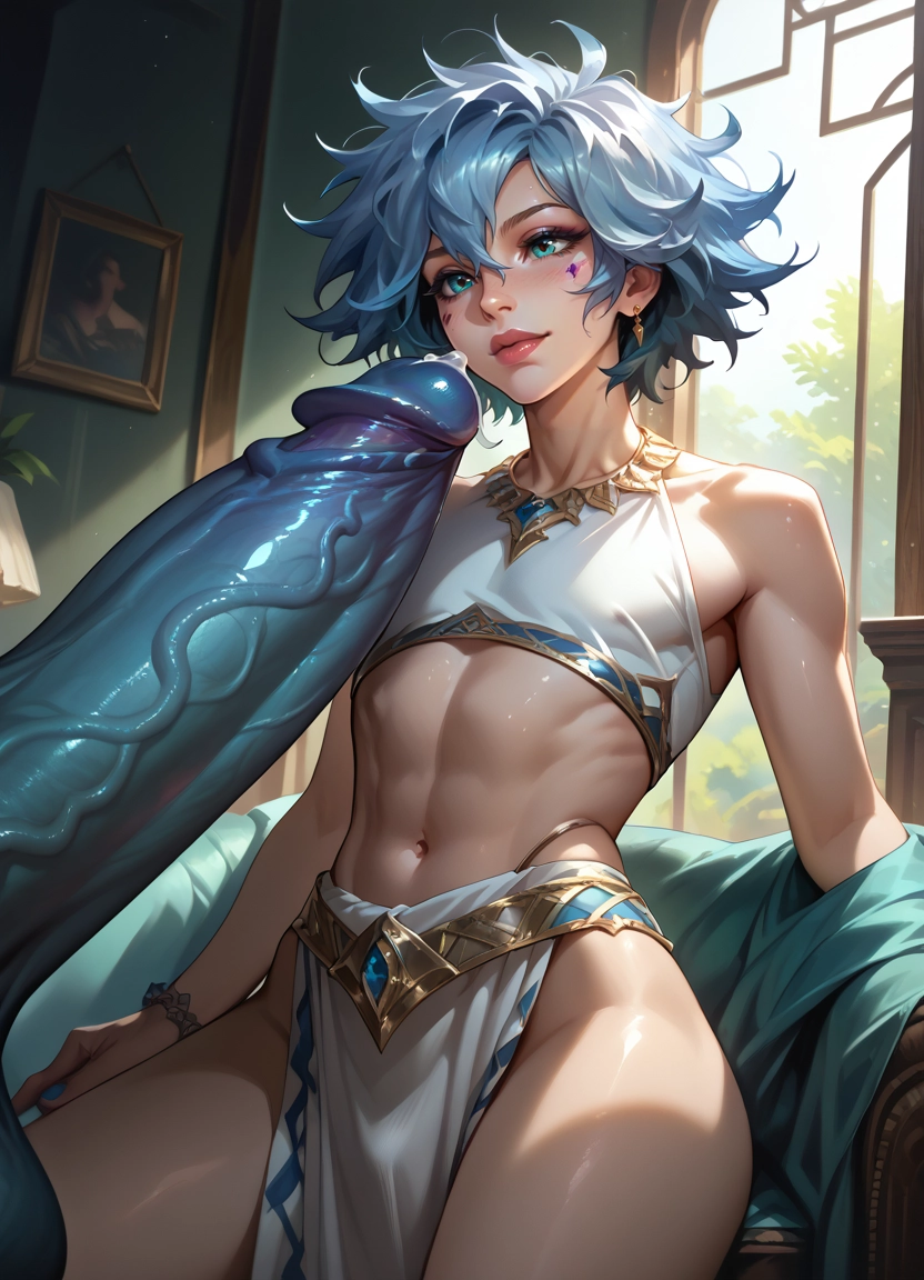 navel, blue hair, penis, 1boy, short hair, erection