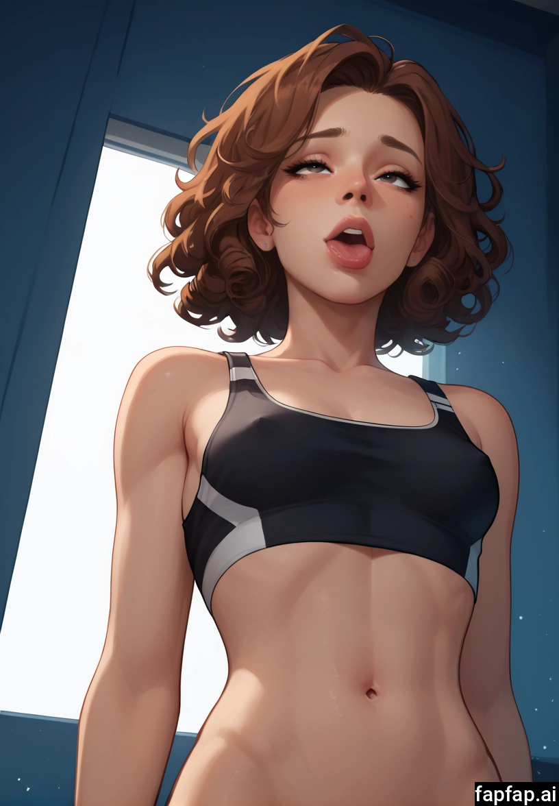 1girl, solo, breasts, navel, brown hair, window