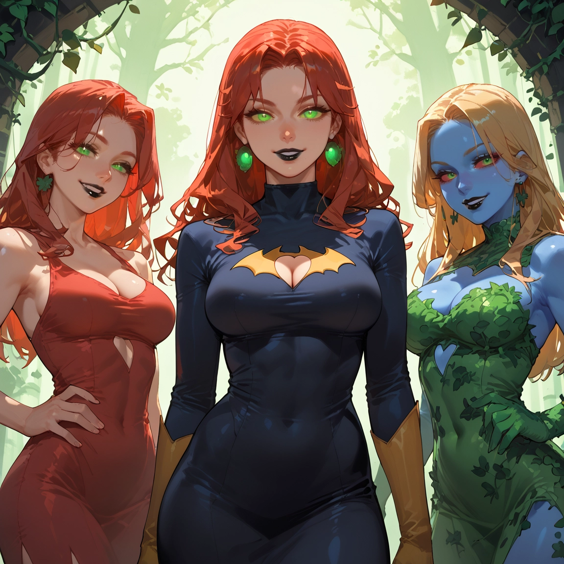 breasts, 3girls, dress, multiple girls, green eyes, jewelry · Yamete.gg