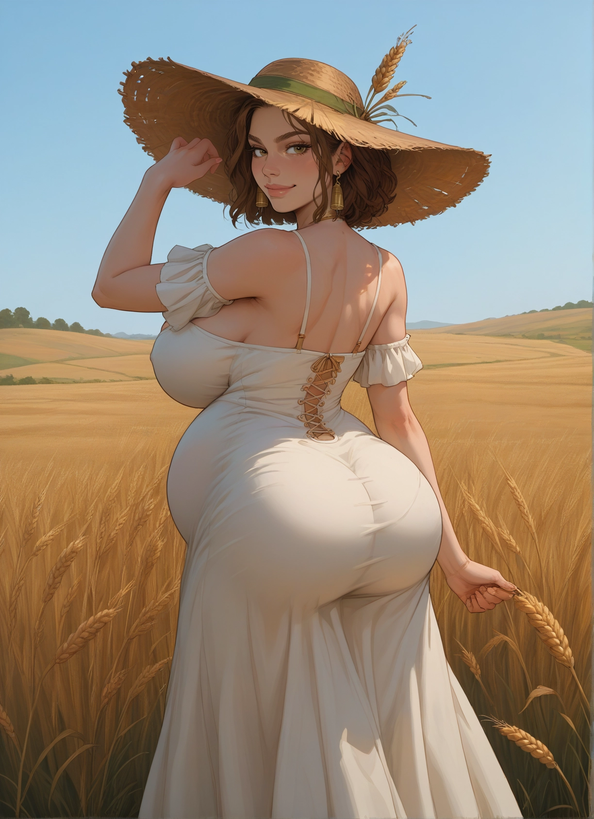 1girl, breasts, hat, ass, dress, brown hair · Yamete.gg