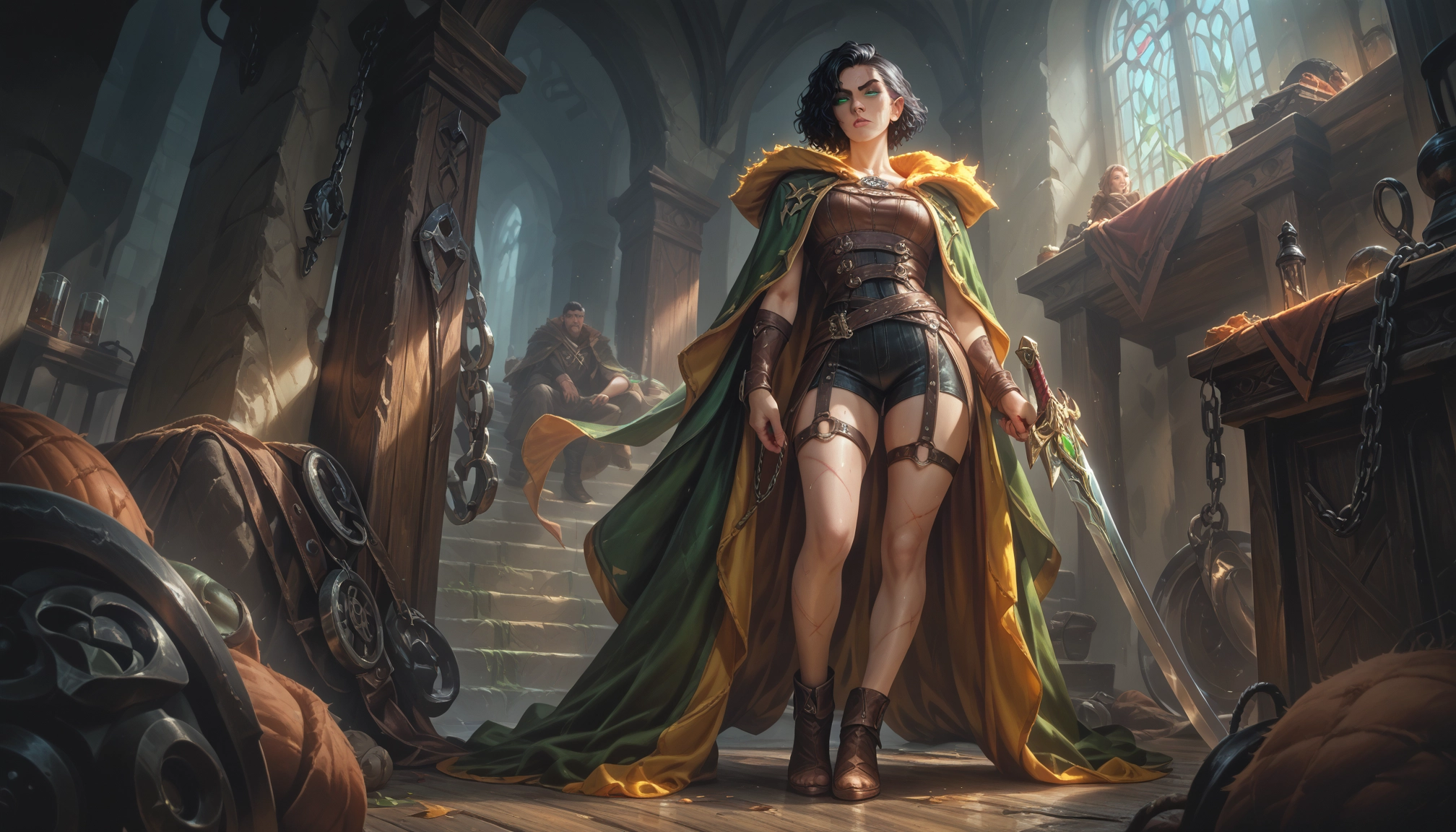 weapon, sword, 1girl, cape, black hair, short hair · Yamete.gg