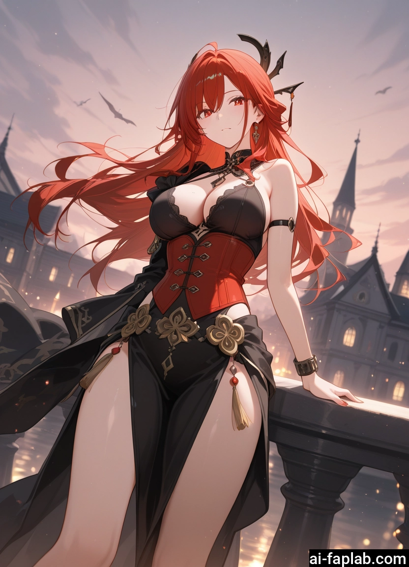 1girl, breasts, long hair, red hair, solo, red eyes