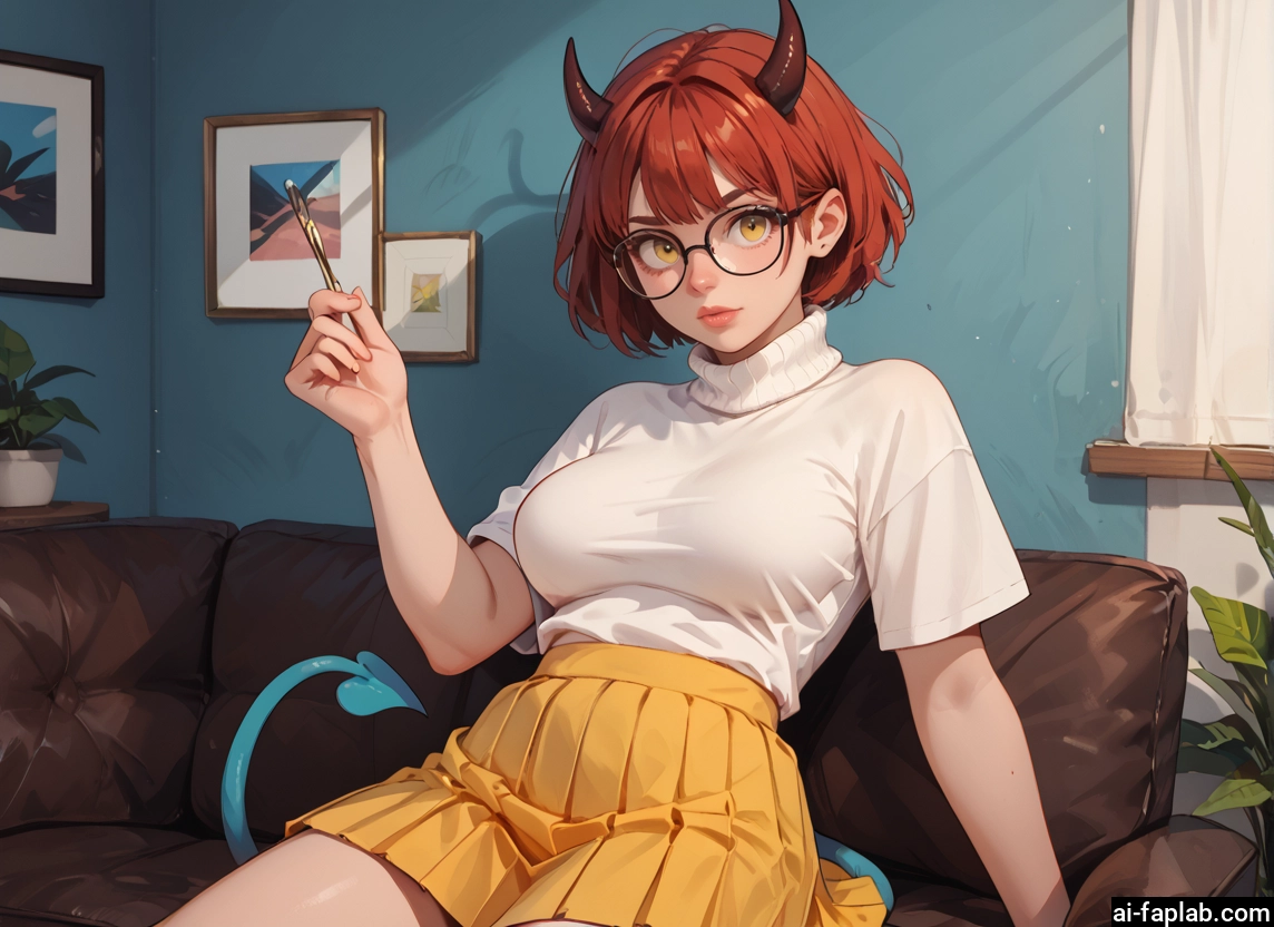 1girl, skirt, horns, glasses, tail, solo · Yamete.gg