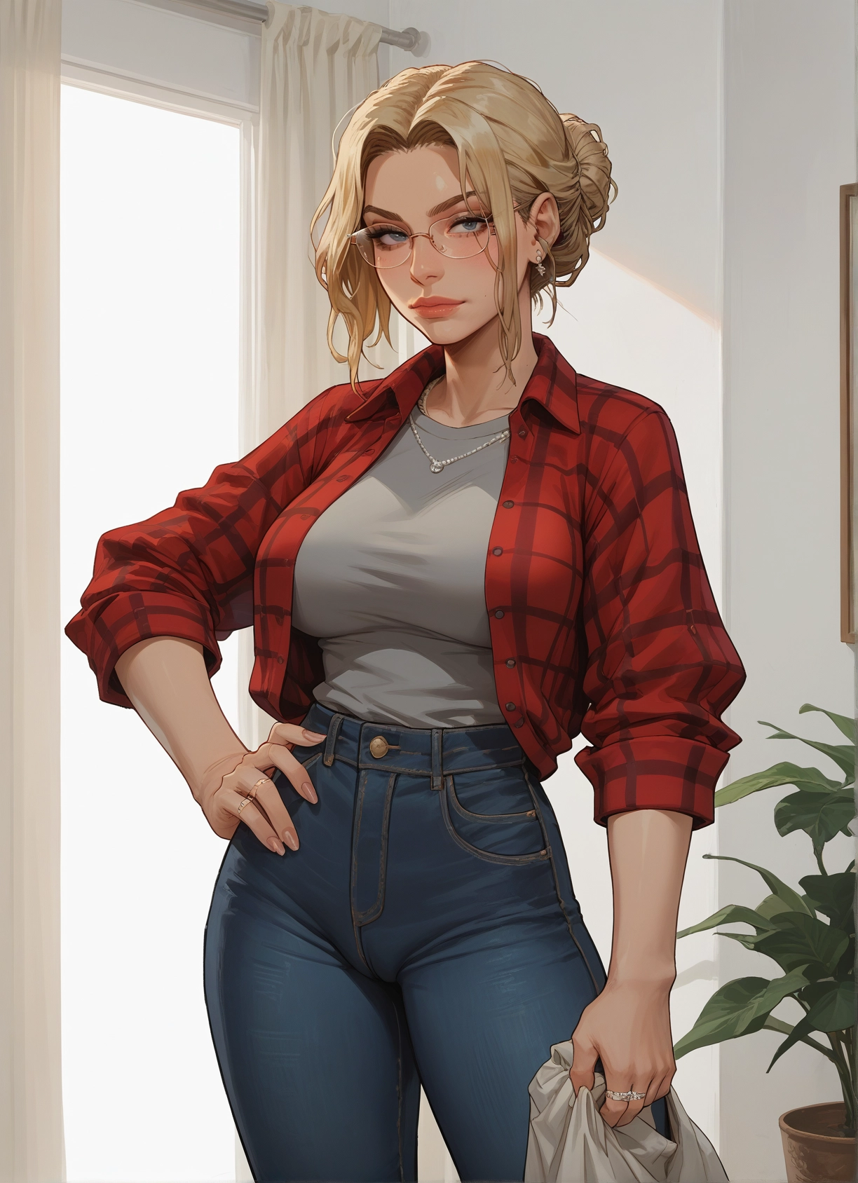 1girl, blonde hair, jewelry, pants, glasses, ring · Yamete.gg