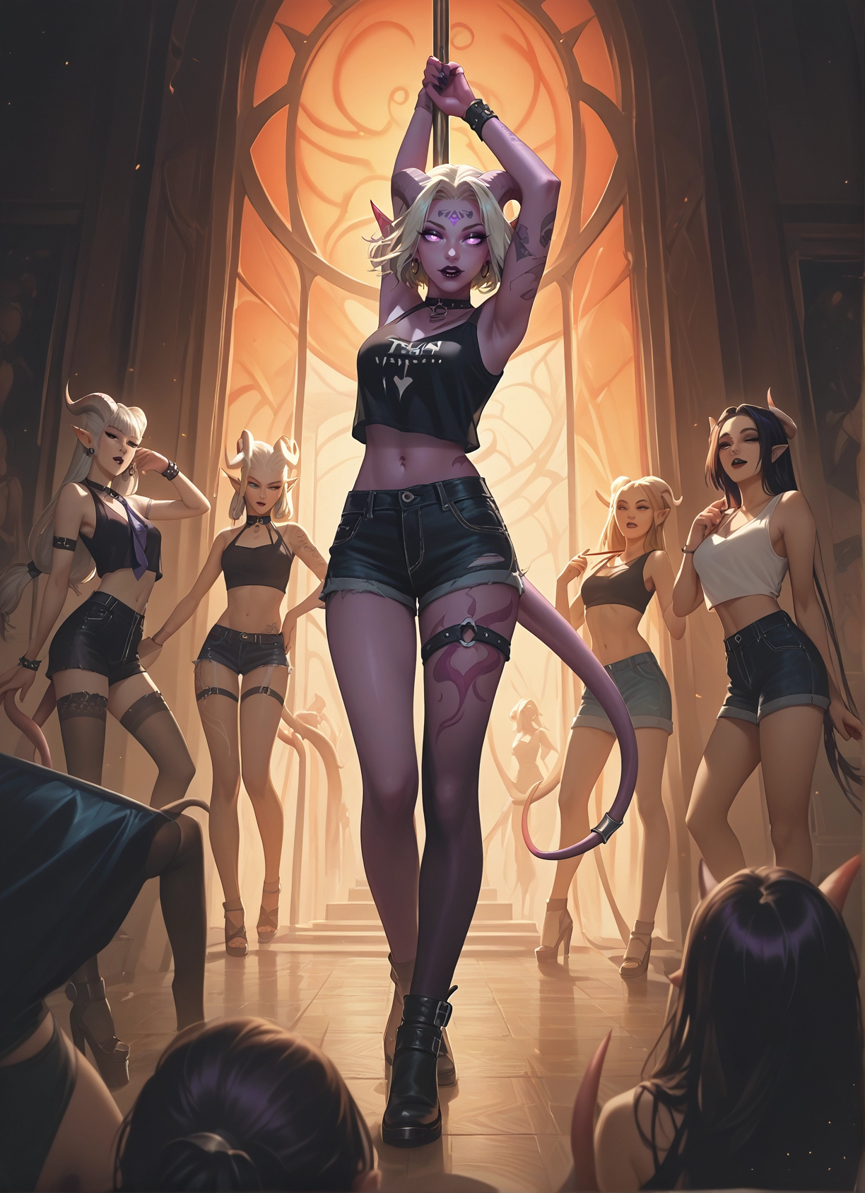 multiple girls, tail, shorts, horns, navel, colored skin · Yamete.gg