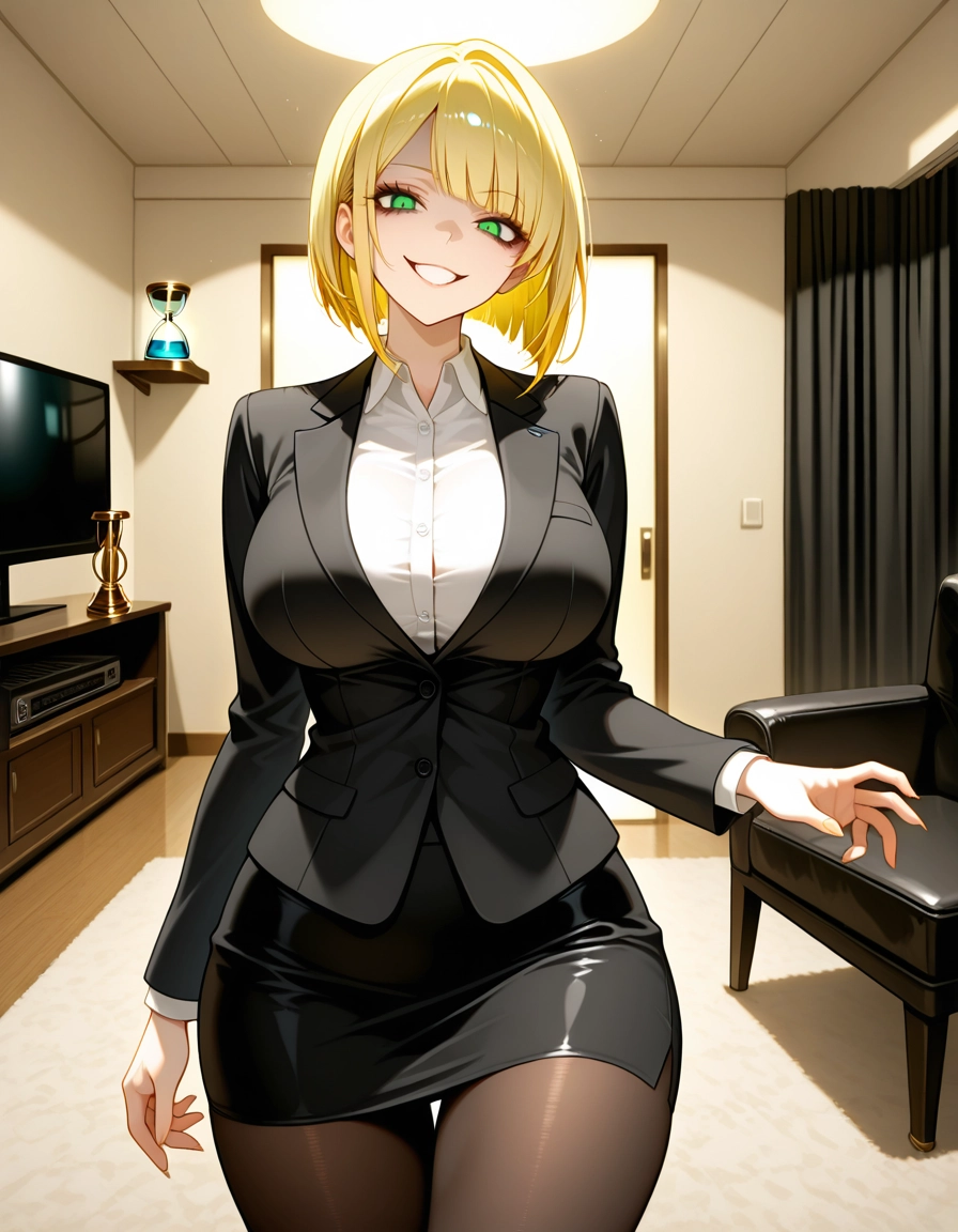 1girl, blonde hair, pantyhose, green eyes, solo, breasts · Yamete.gg