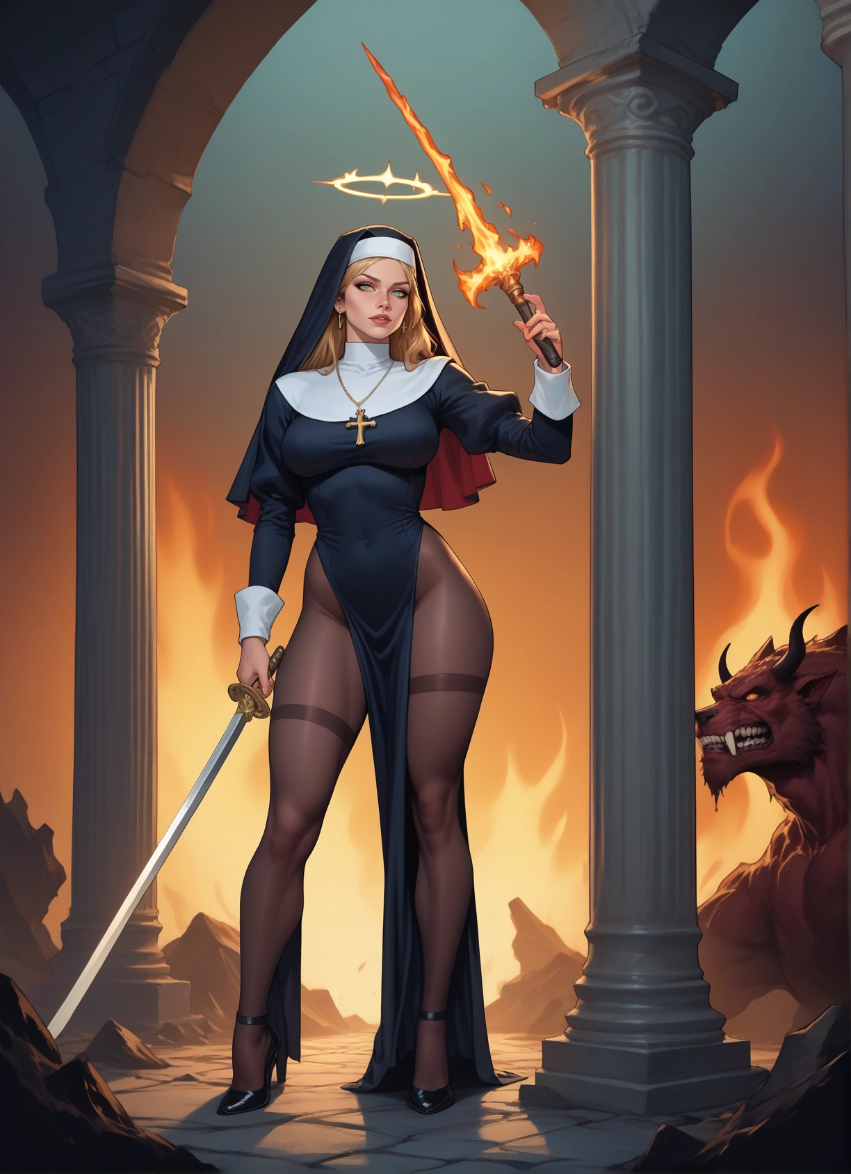 1girl, weapon, sword, nun, pantyhose, cross · Yamete.gg