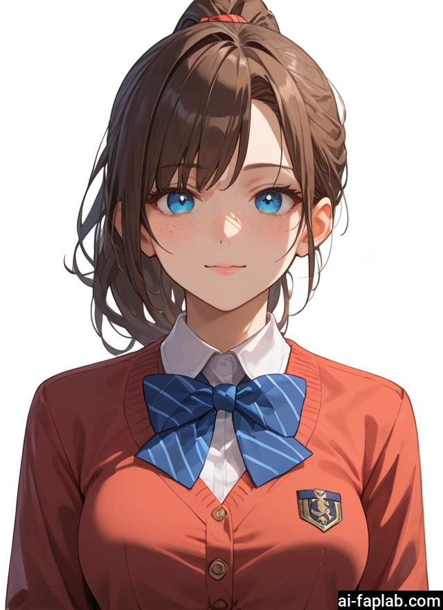 1girl, solo, blue eyes, freckles, brown hair, bow · Yamete.gg