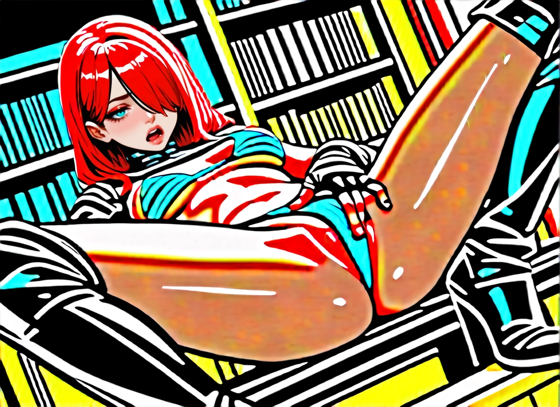 1girl, red hair, hair over one eye, solo, spread legs, boots · Yamete.gg