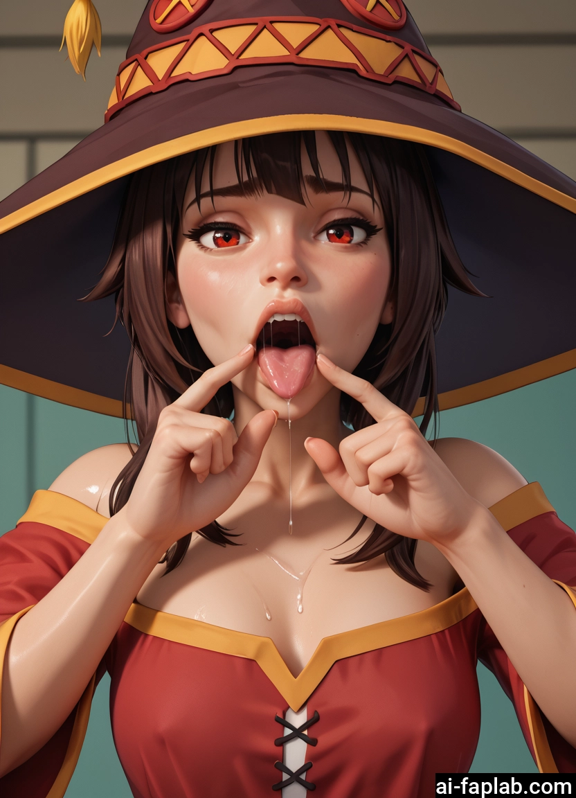1girl, hat, solo, red eyes, brown hair, tongue