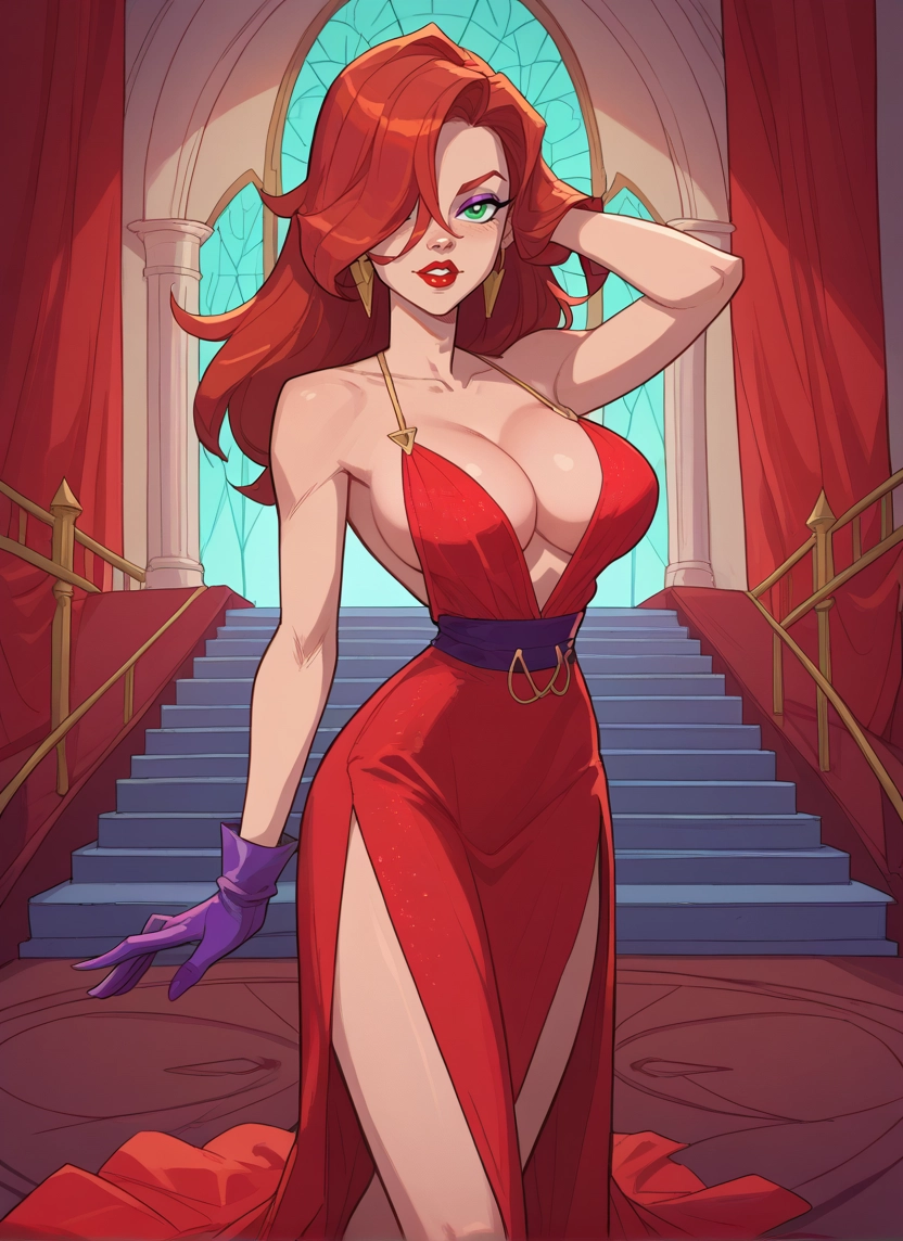 1girl, breasts, gloves, dress, green eyes, hair over one eye · Yamete.gg