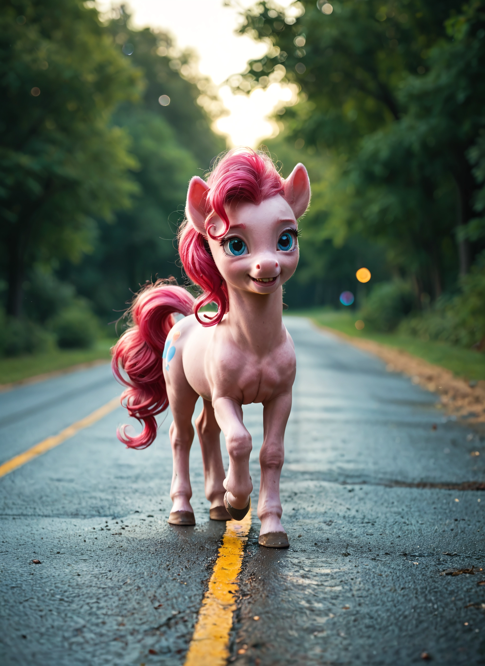 no humans, blue eyes, smile, road, solo, tree · Yamete.gg