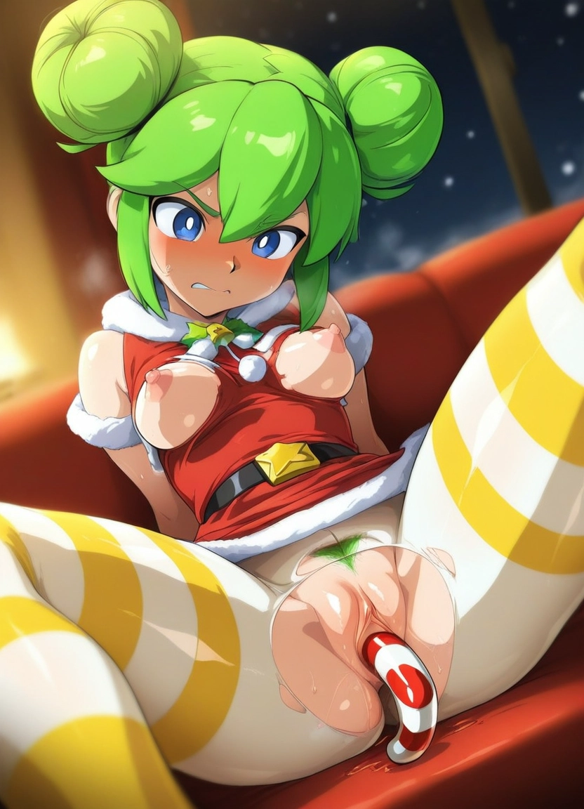 1girl, breasts, green hair, candy cane, solo, hair bun · Yamete.gg