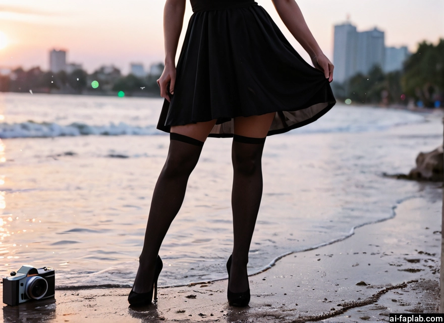 1girl, thighhighs, high heels, solo, black footwear, outdoors